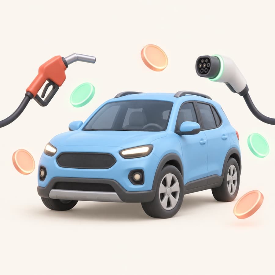 A small SUV between a gas pump and an electric charger, with coins floating around it