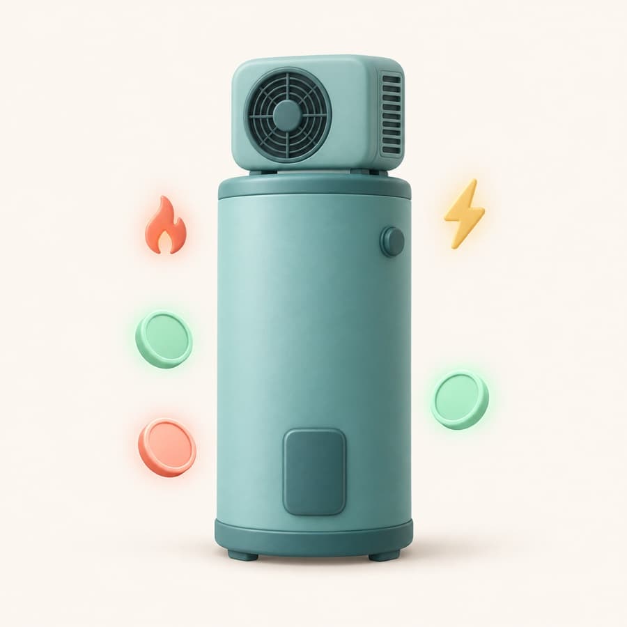 A heat pump water heater with a flame, a lightning bolt, and coins around it